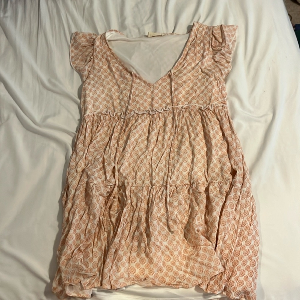 Altered state ruffle, shoulder, light, pink printed flow summer dress